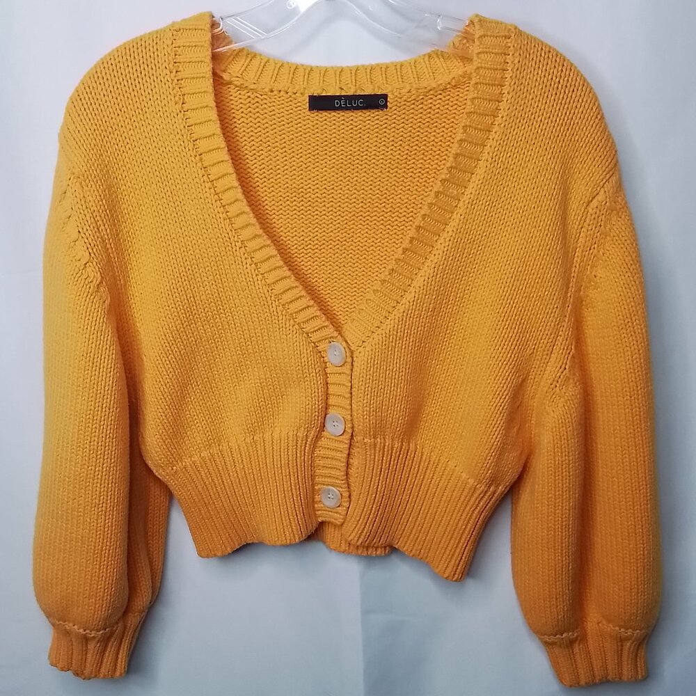 DELUC' CROPPED SHAKER STITCH 3/4 BALLOON SLEEVE BUTTON CARDIGAN SIZE L